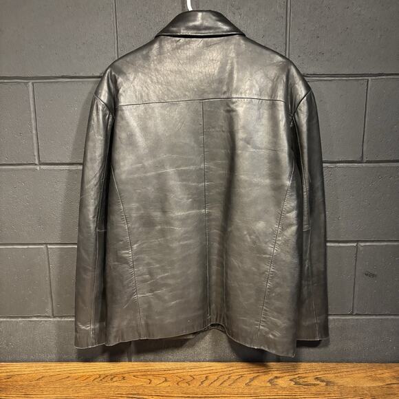 Vintage 90s Merona Men’s Black Leather Collared Full Zip Bomber Jacket Medium - Picture 2 of 6